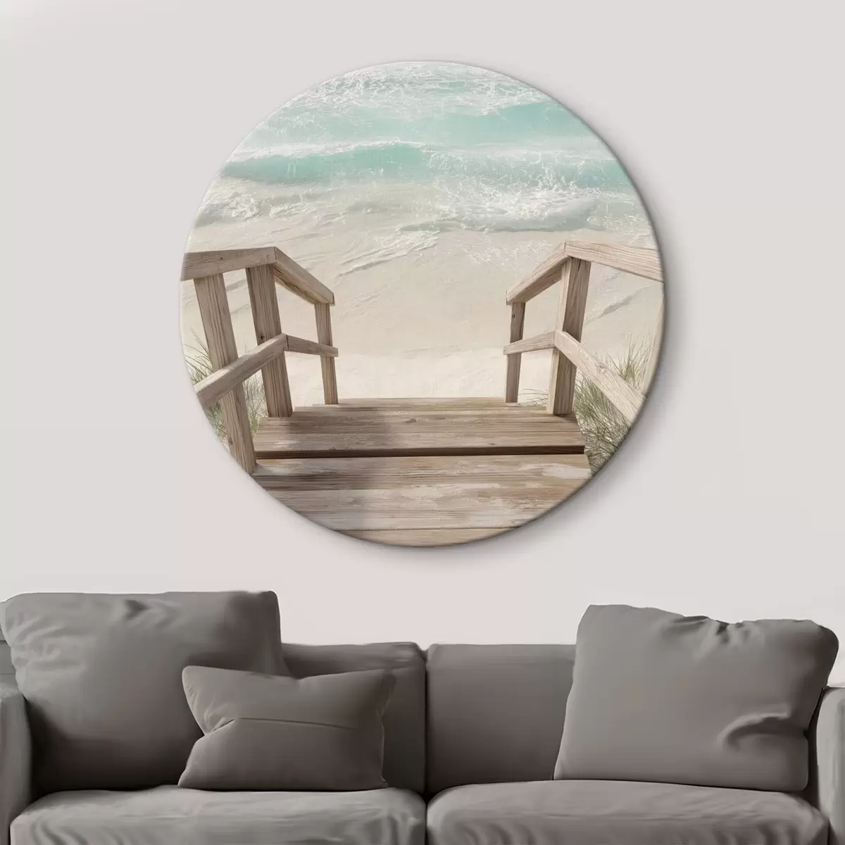 Tableaux rondes Escalier en bois menant à une plage turquoise r46163