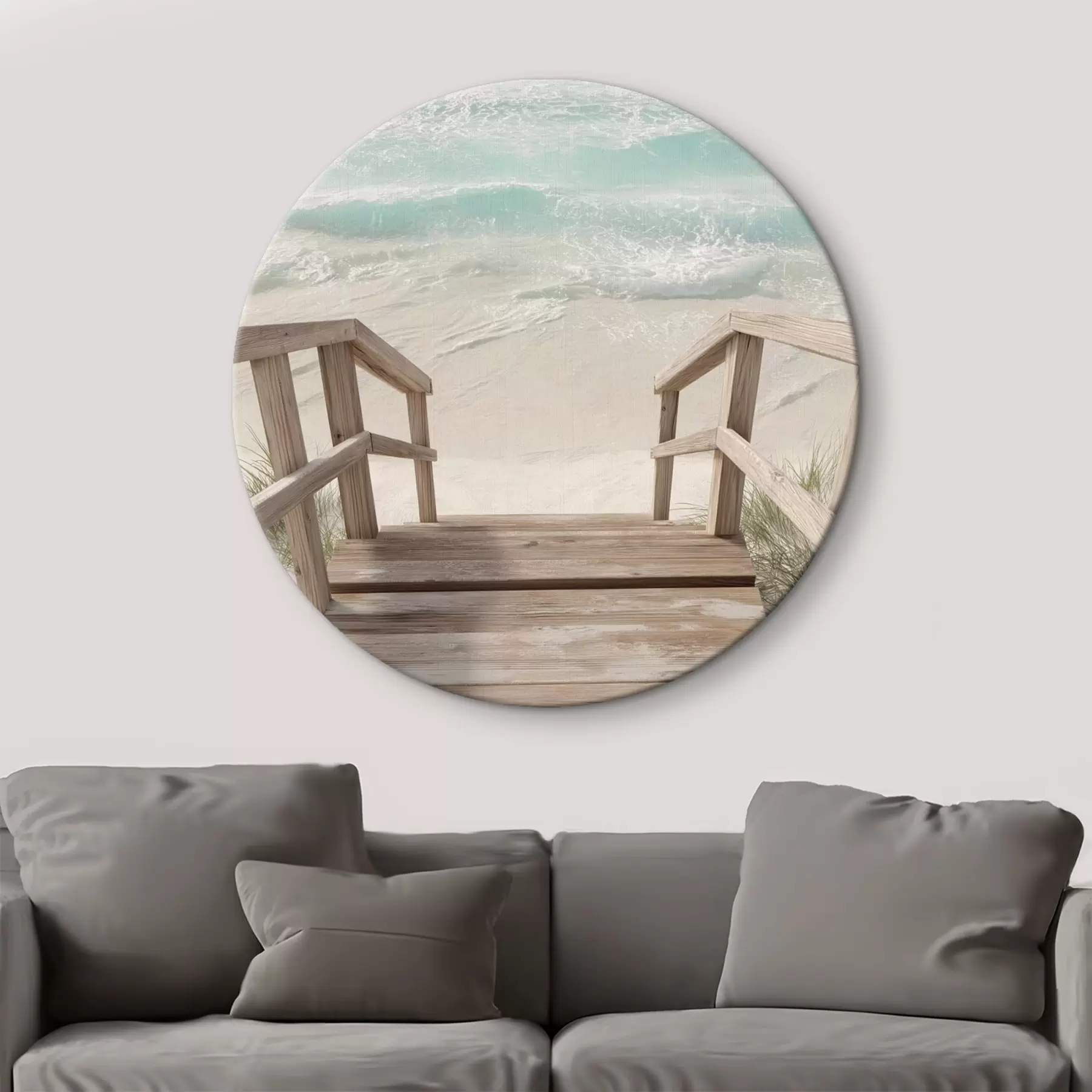 Tableau Escalier en bois menant à une plage turquoise r46163