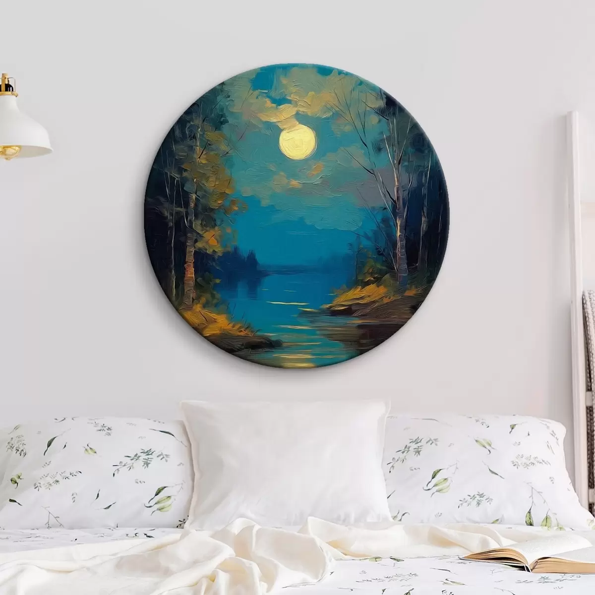 Tableaux rondes Clair de lune sur une rivière calme au milieu des pins r46164