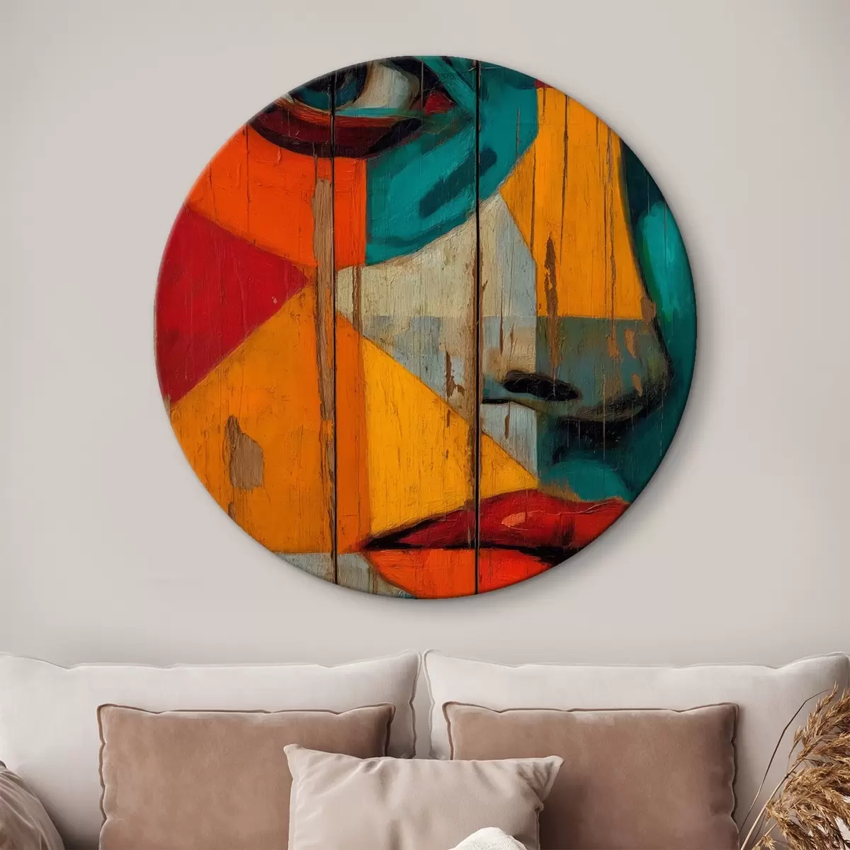 Tableaux rondes Portrait géométrique lumineux sur panneaux de bois r46165