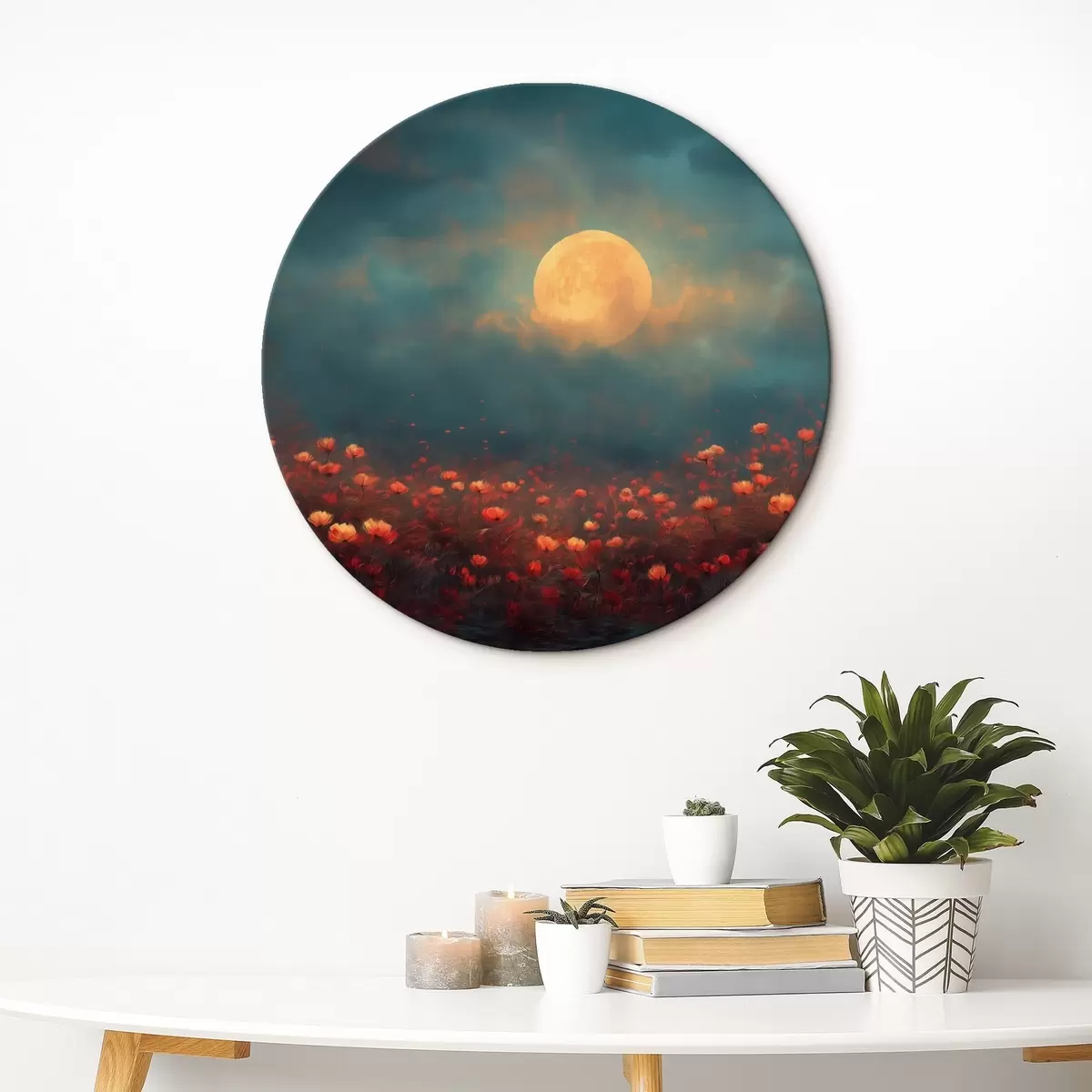 Tableaux rondes Lune au-dessus d'un champ de fleurs rouges dans un ciel brumeux au crépuscule r46167