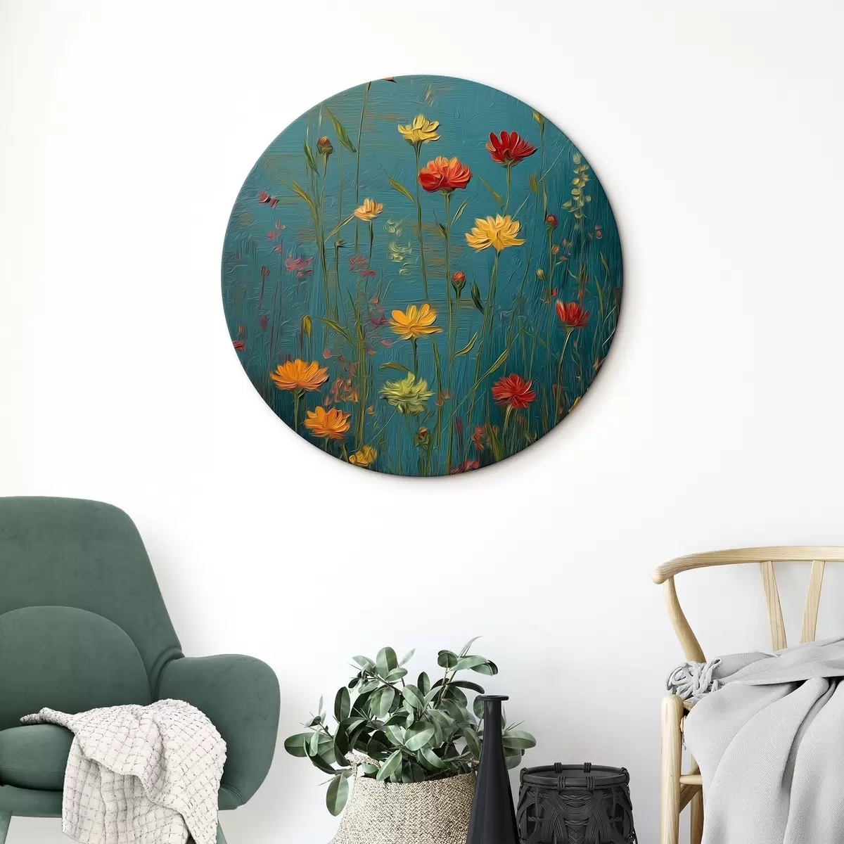 Tableaux rondes Fleurs sauvages sur fond turquoise foncé r46169