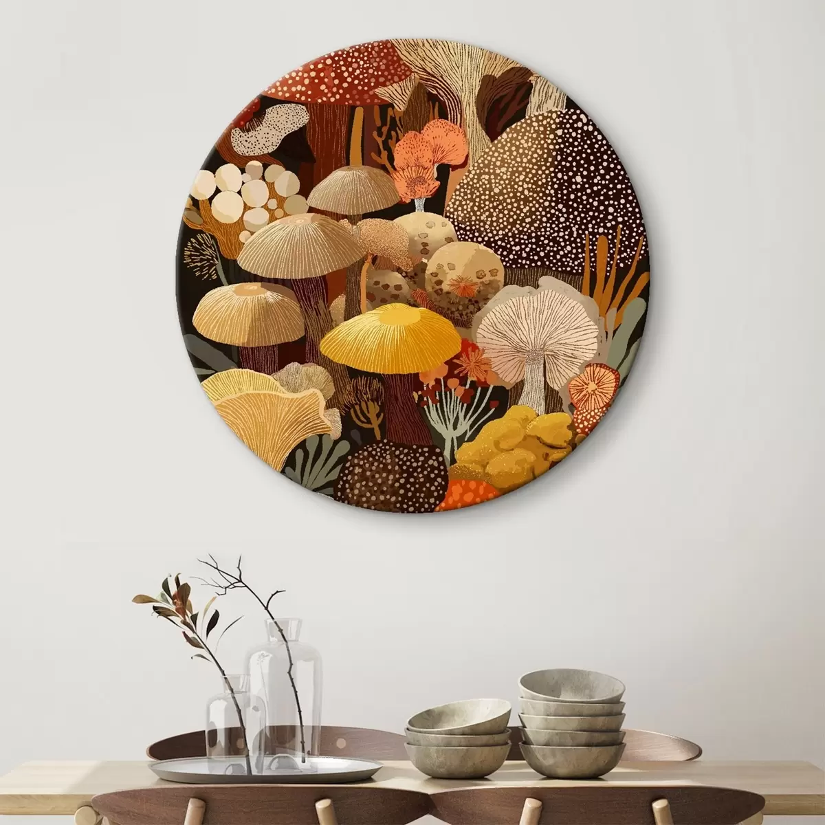 Tableaux rondes Composition de divers champignons forestiers dans des tons chauds r46170