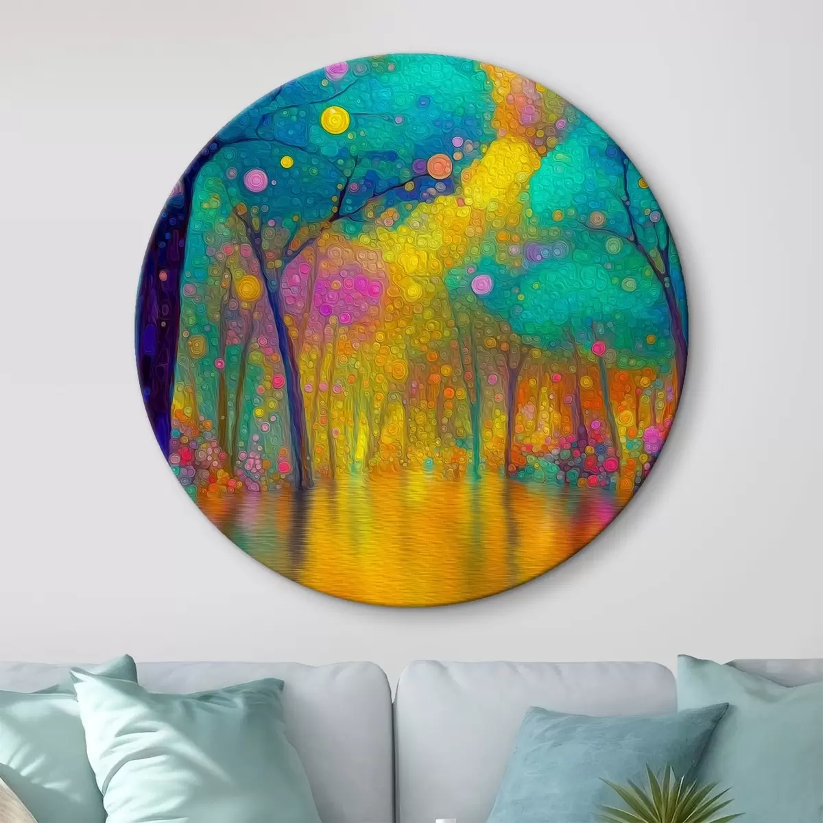 Tableaux rondes Forêt fantastique aux couleurs vives avec reflets dans l'eau r46171