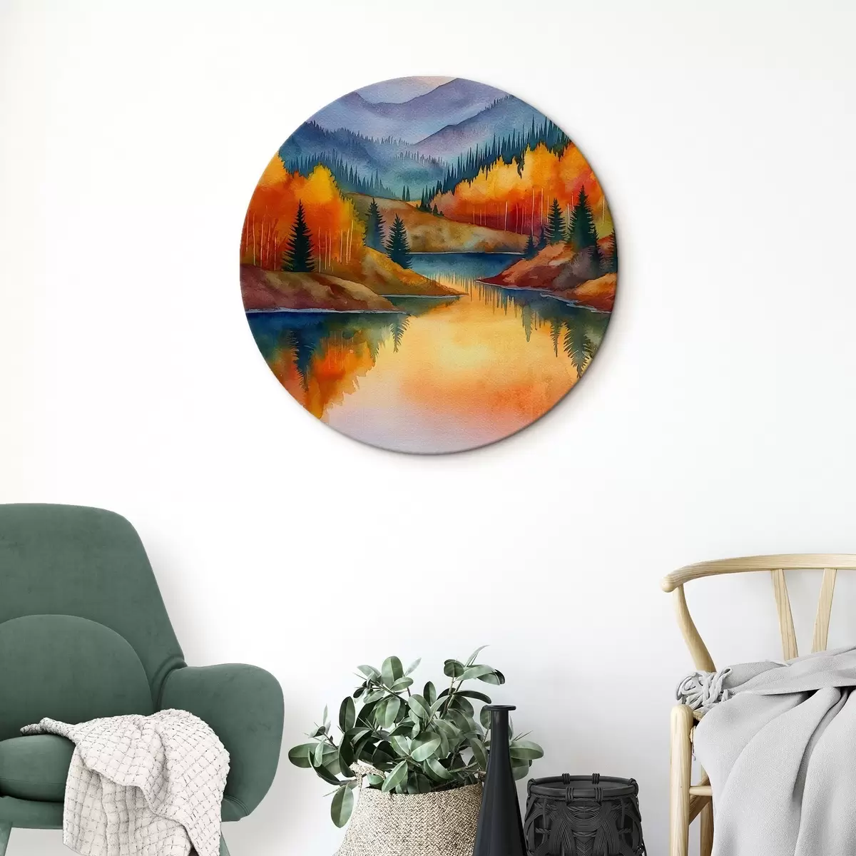 Tableaux rondes Paysage automnal avec des montagnes se reflétant dans un lac calme r46174