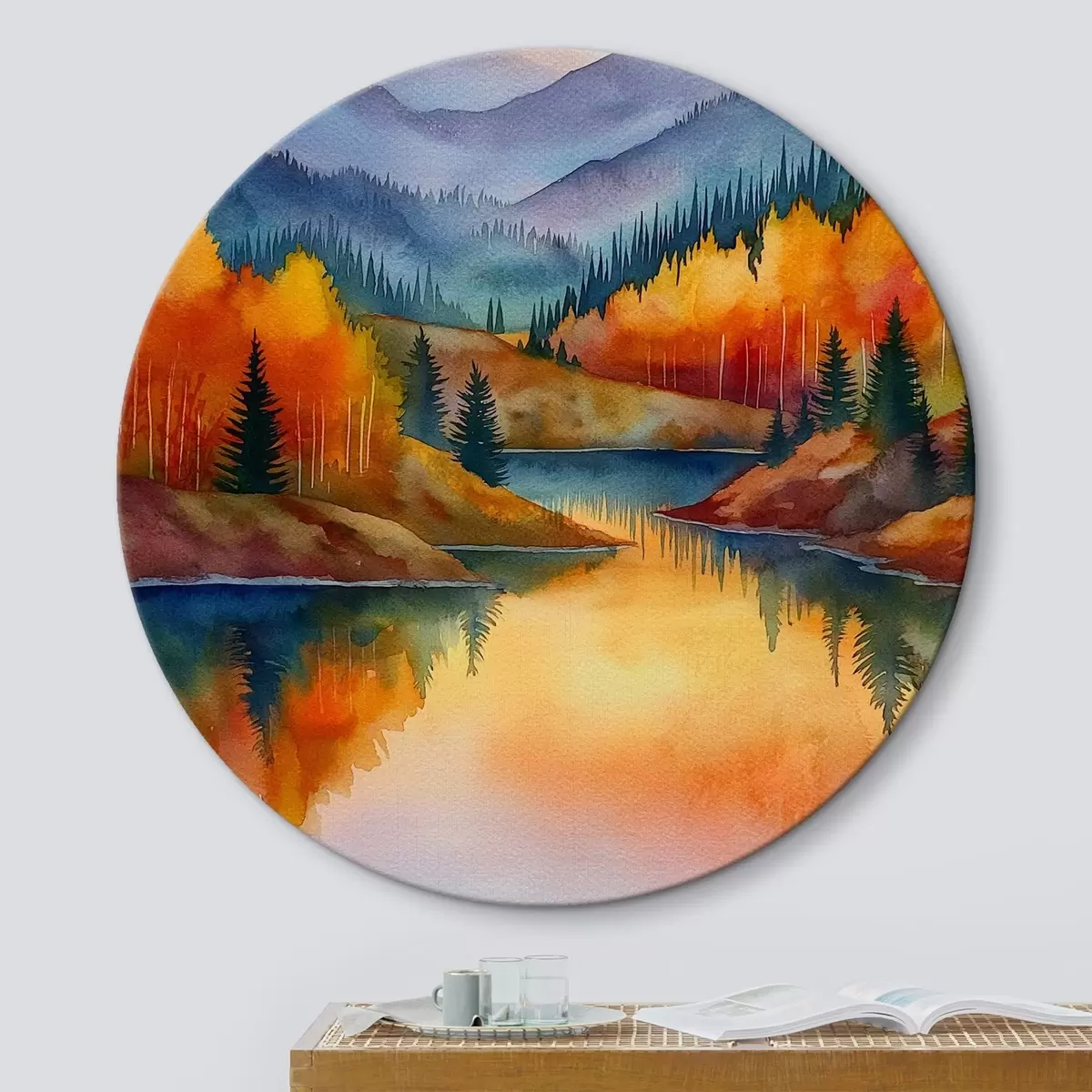 Tableaux rondes Paysage automnal avec des montagnes se reflétant dans un lac calme r46174