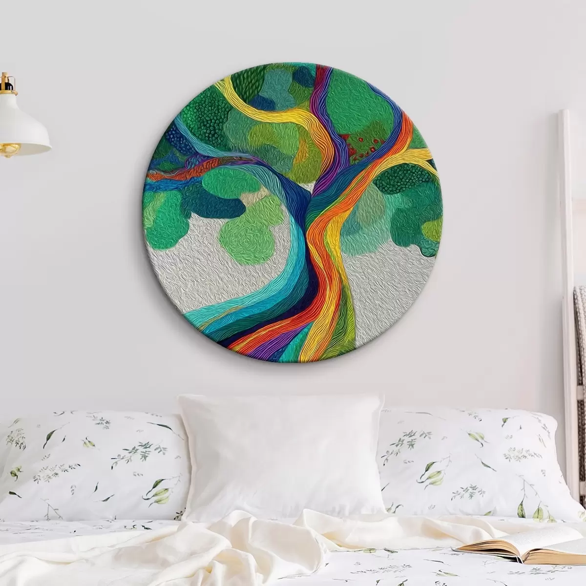 Tableaux rondes Arbre aux branches arc-en-ciel sur fond vert r46173