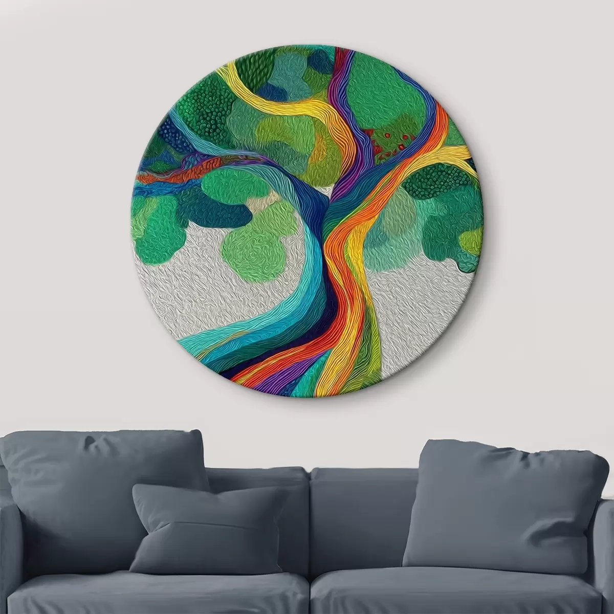 Tableaux rondes Arbre aux branches arc-en-ciel sur fond vert r46173