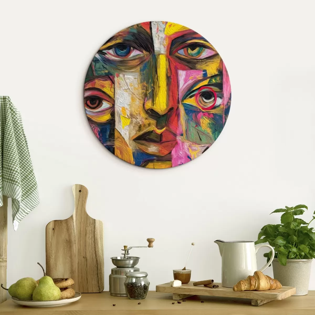 Tableaux rondes Visage abstrait avec des formes géométriques lumineuses r46175