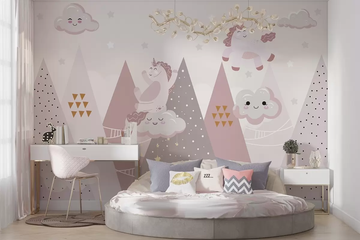 Papier peint Poney dans les montagnes avec des nuages w04741