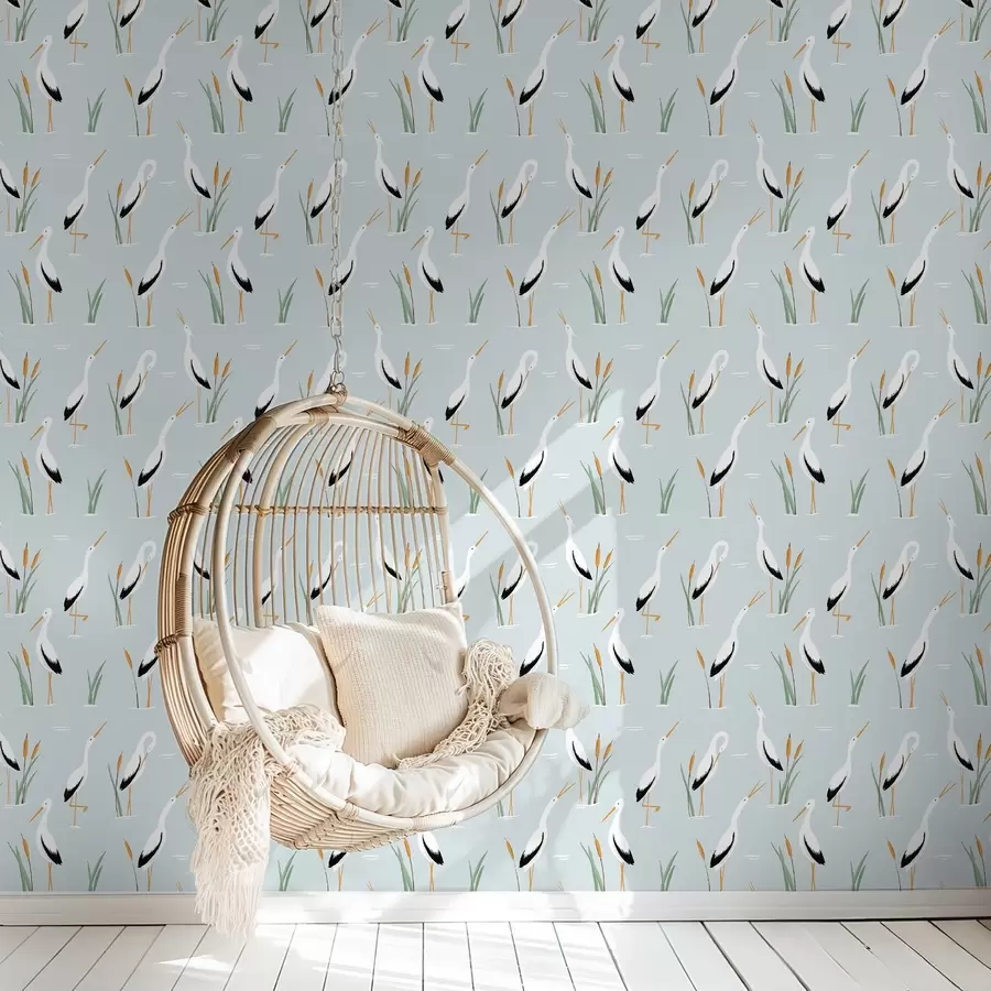 Papier peint Hérons parmi les roseaux sur un fond bleu clair a00650v1