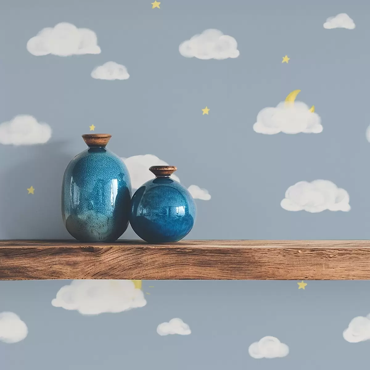 Papier peint Nuages cotonneux, étoiles et soleil sur fond bleu a00652