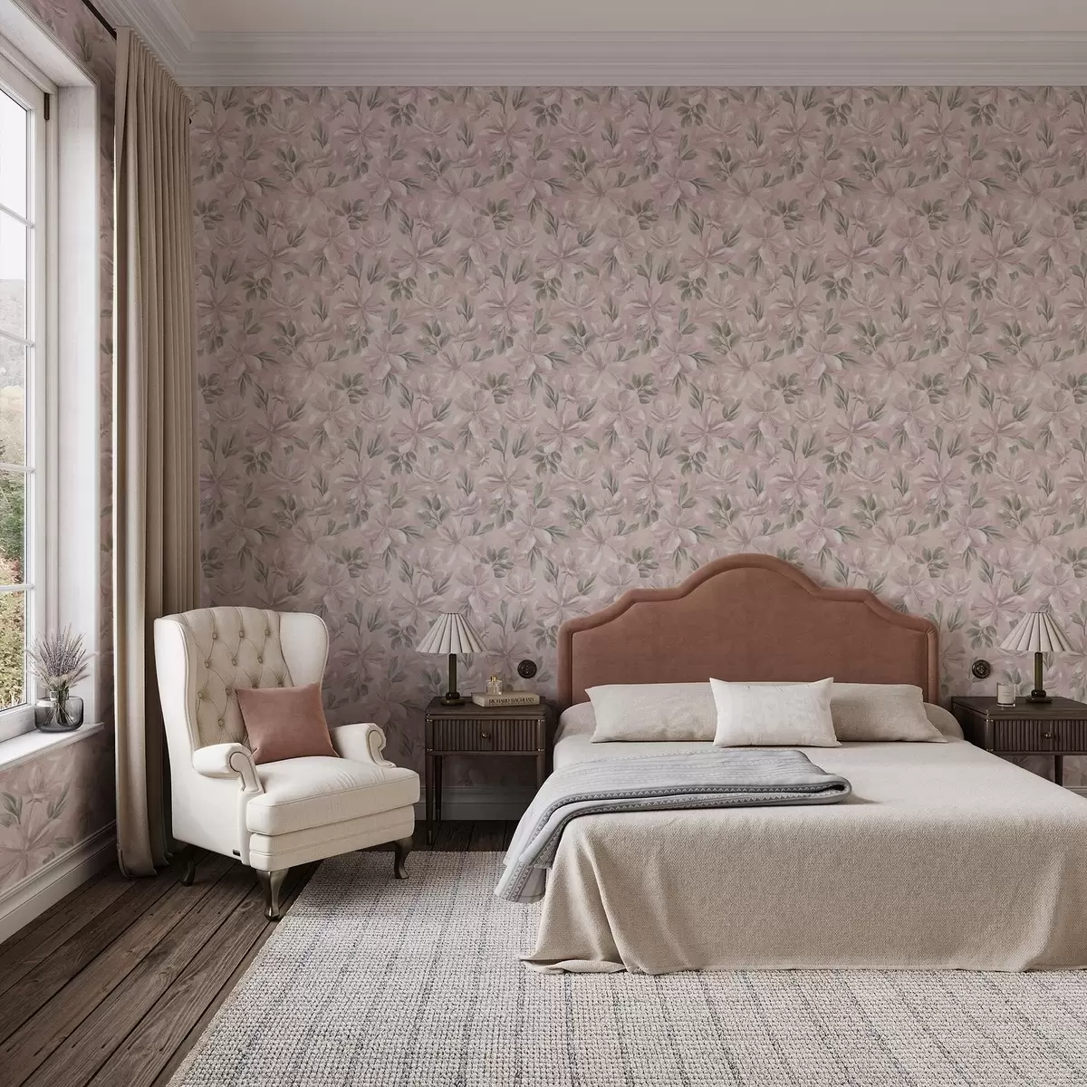 Papier peint Fleurs roses aux feuilles délicates sur un fond doux a00675