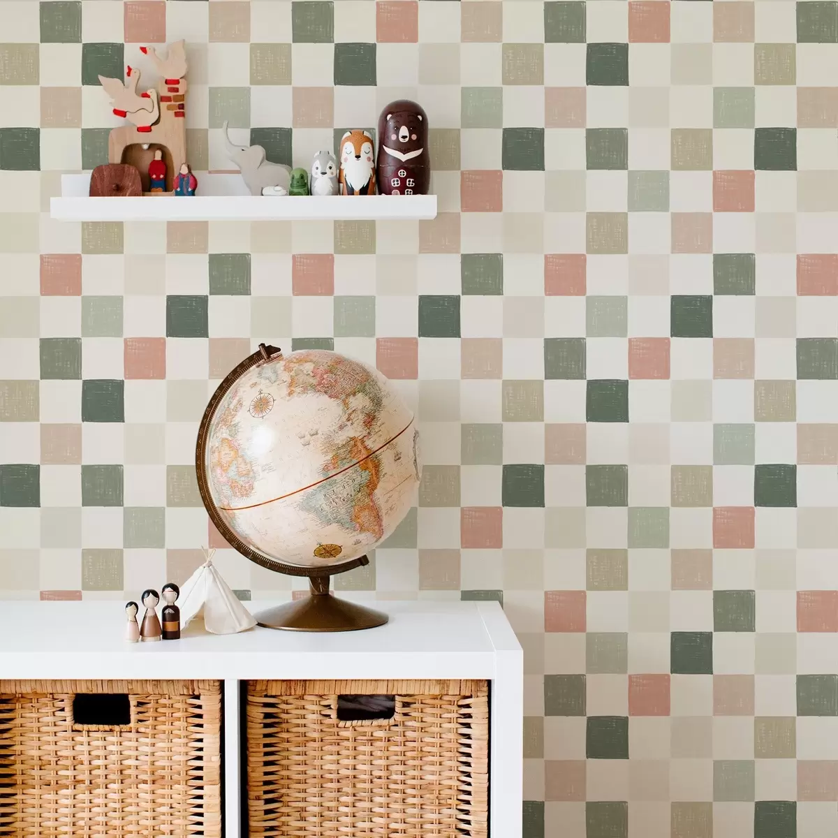 Papier peint Plaid doux dans les tons pastel vert, rose et beige a00676