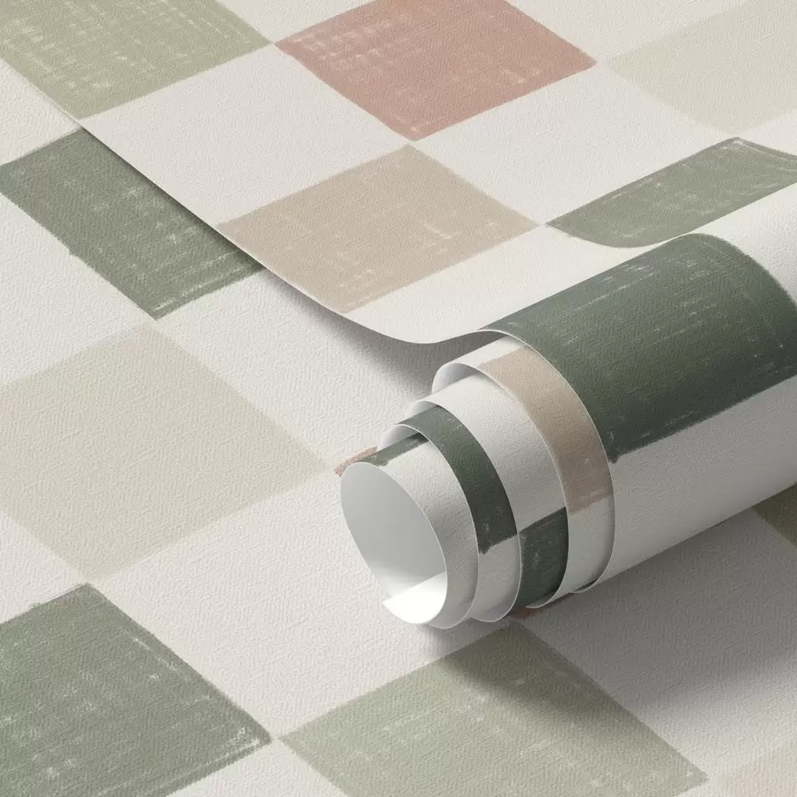 Papier peint Plaid doux dans les tons pastel vert, rose et beige a00676