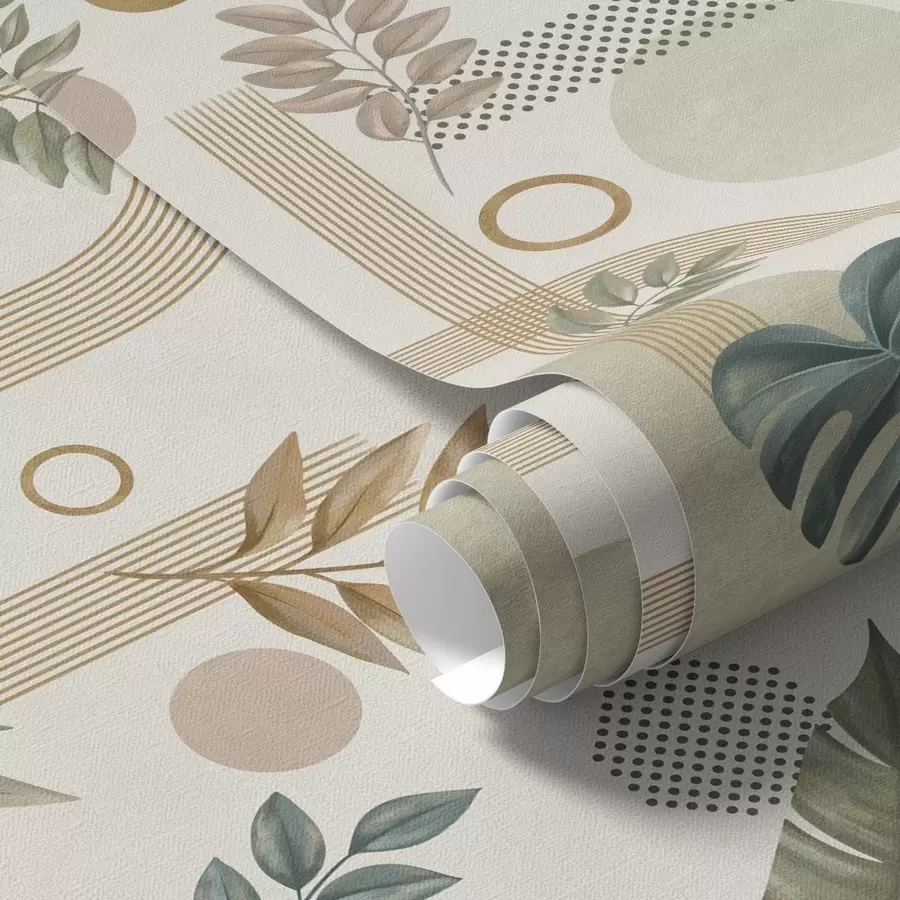 Papier peint Feuilles et formes géométriques dans des tons chauds et apaisants a00677