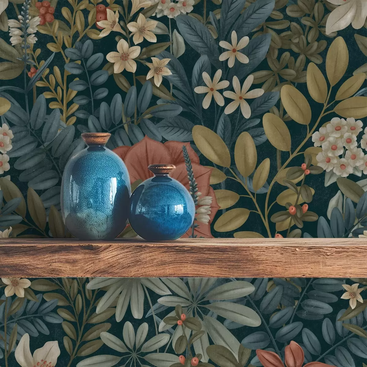 Papier peint Fond sombre avec des fleurs et des feuilles denses dans des tons chauds a00678