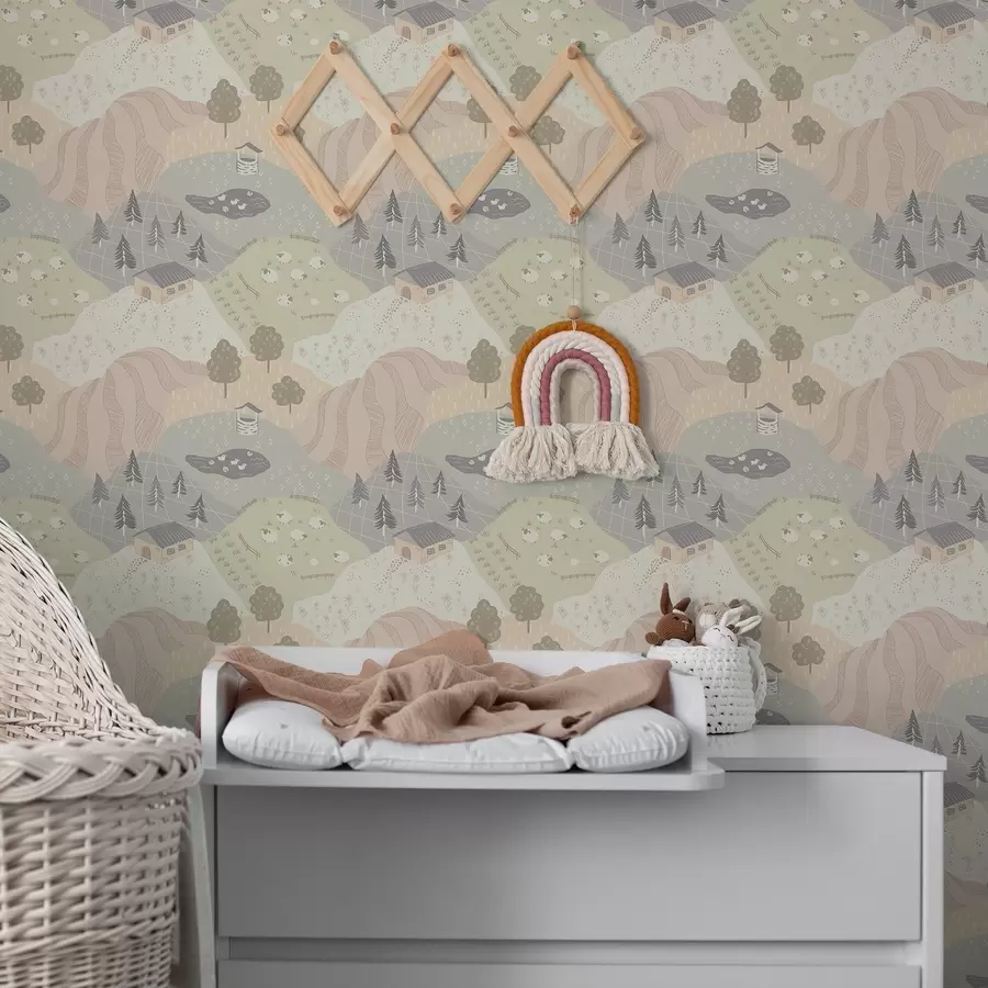 Papier peint Une campagne féérique avec des arbres, des oies et des moutons a00728