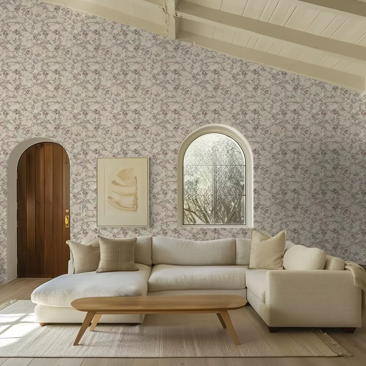 Papier peint Roses avec des feuilles vertes sur un fond beige chaud a00729
