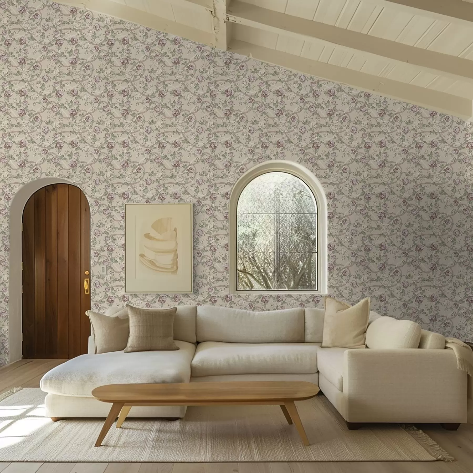 Papier peint Roses avec des feuilles vertes sur un fond beige chaud a00729