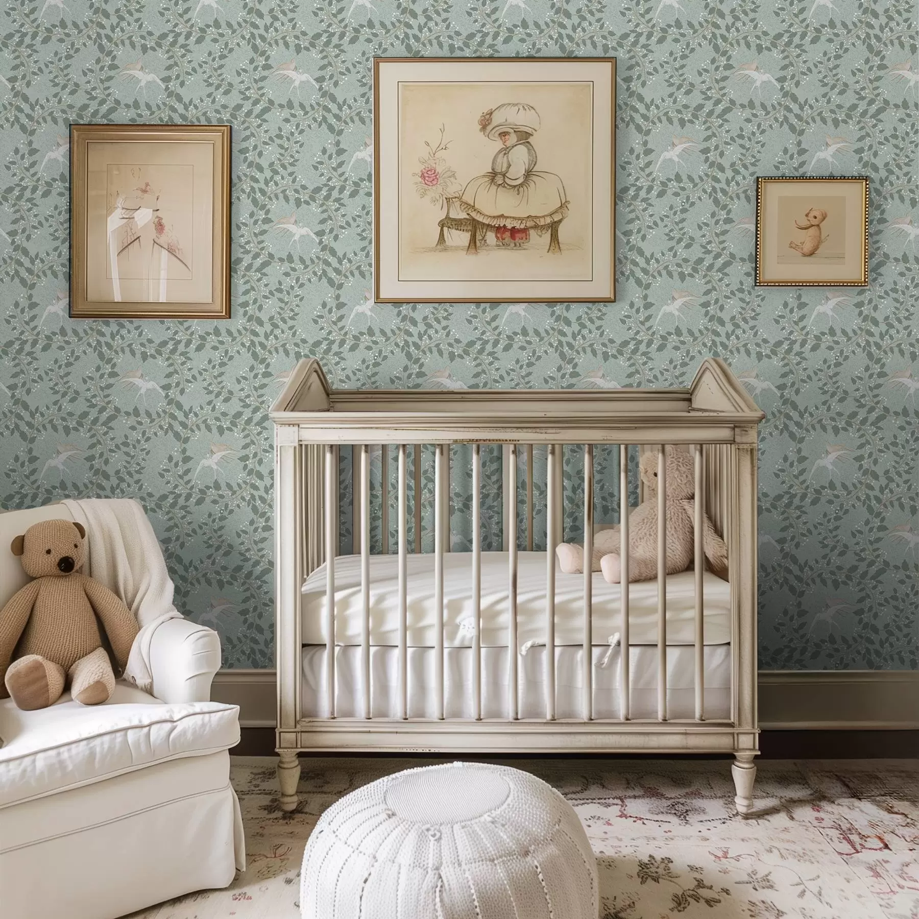 Papier peint Branches avec des baies blanches et des oiseaux sur fond vert a00731