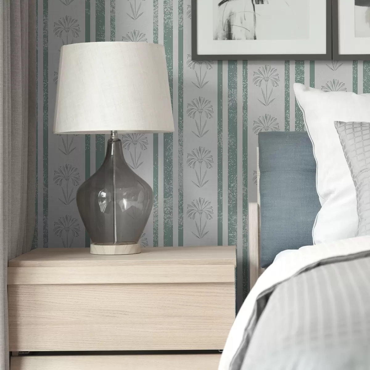 Papier peint Motif ruban avec fleurs dans les tons verts a00732
