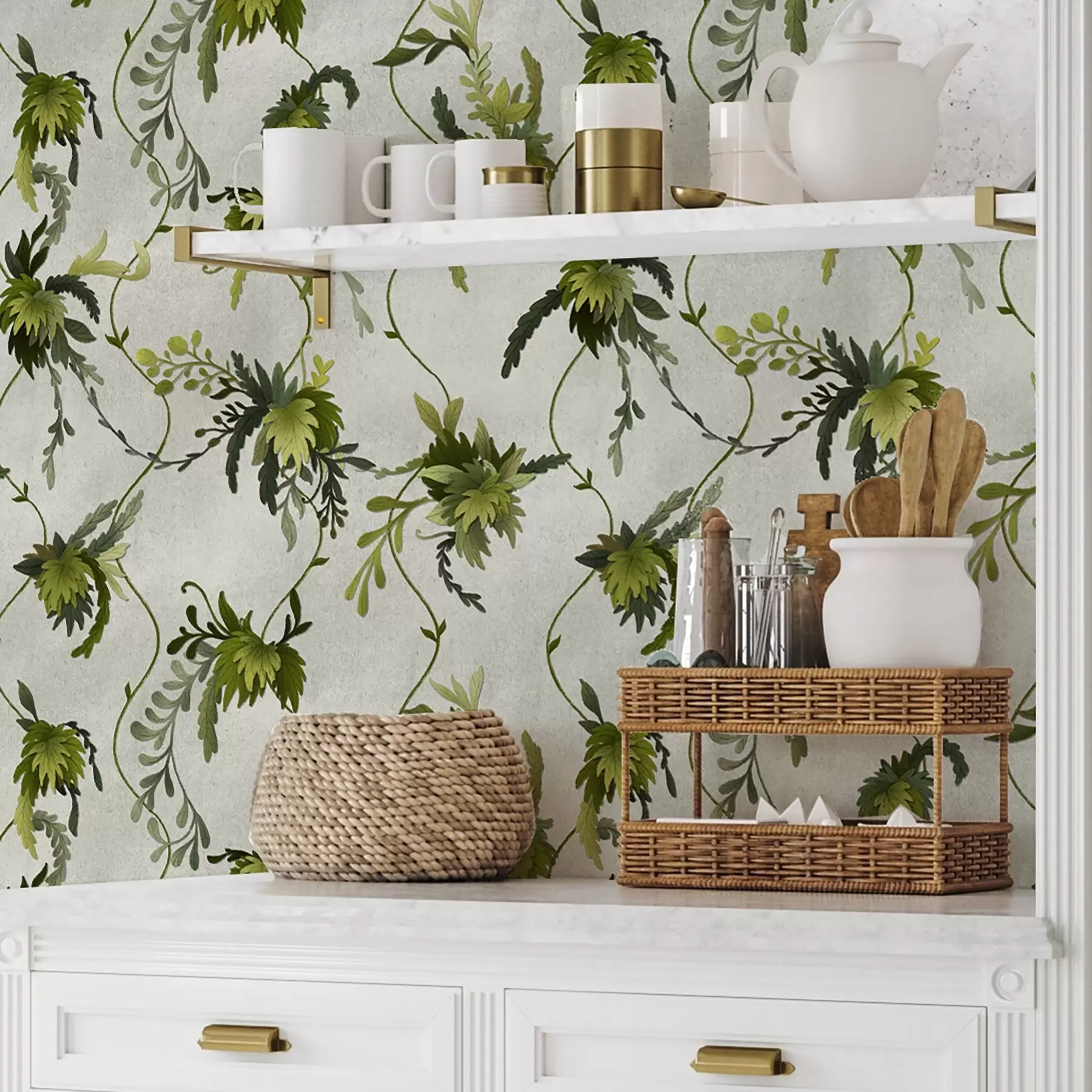 Papier peint Branches grimpantes avec des feuilles sur un fond clair a00806