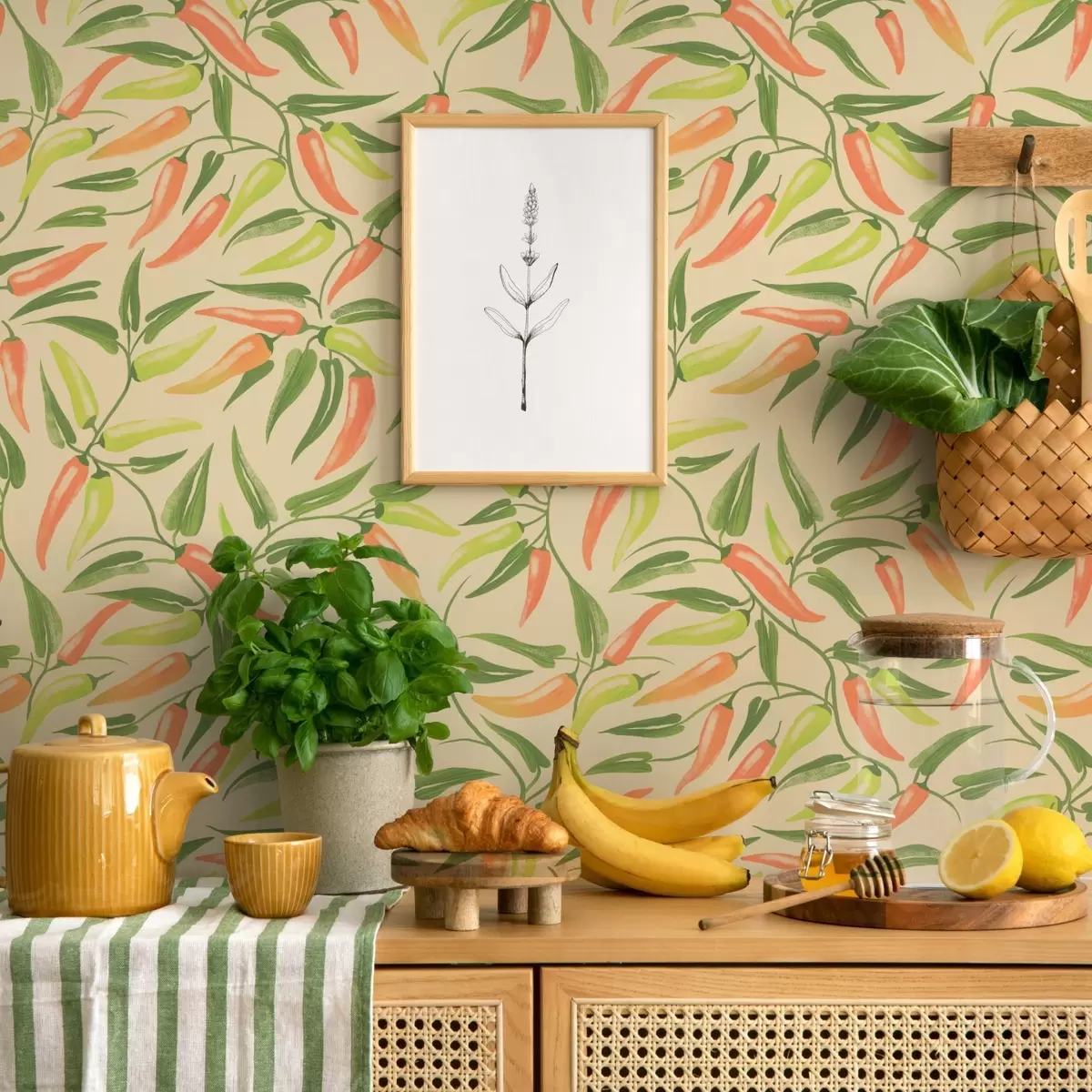 Papier peint Branches avec des poivrons rouges et verts sur un fond chaud a00829
