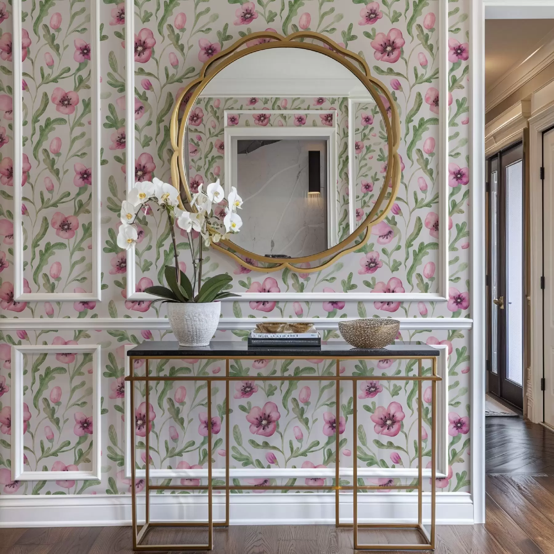 Papier peint Délicats coquelicots roses avec feuilles peints à l'aquarelle a00830