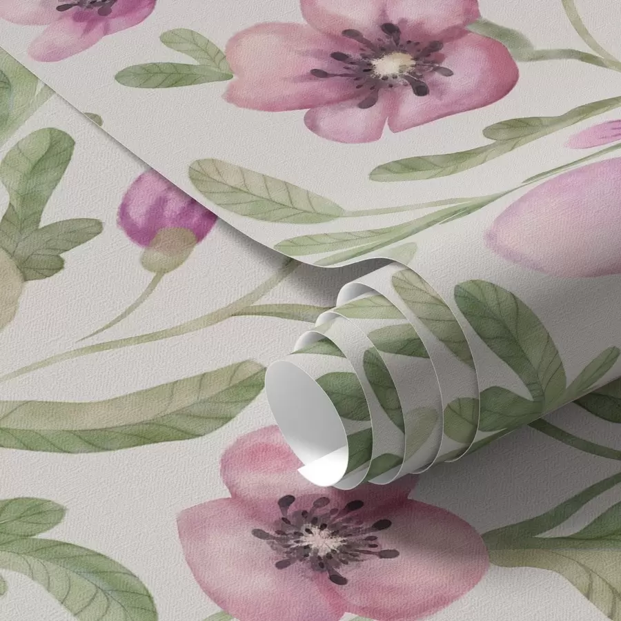 Papier peint Délicats coquelicots roses avec feuilles peints à l'aquarelle a00830