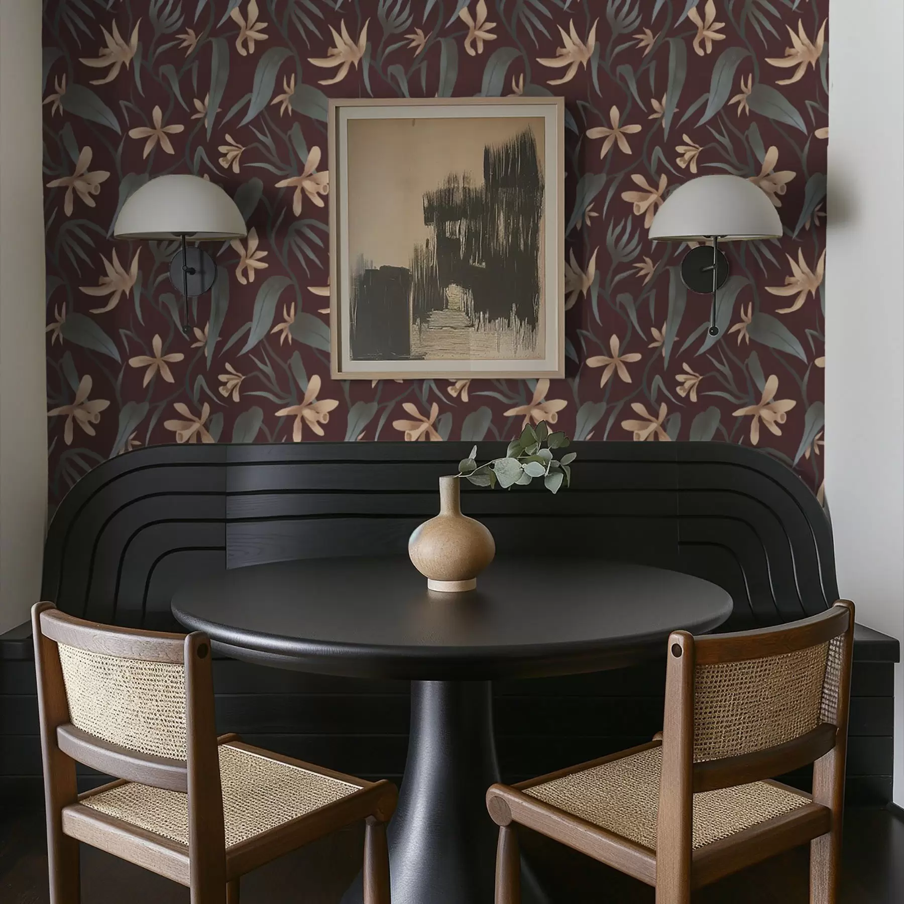 Papier peint Fleurs crème avec des feuilles grises sur fond bordeaux a00833