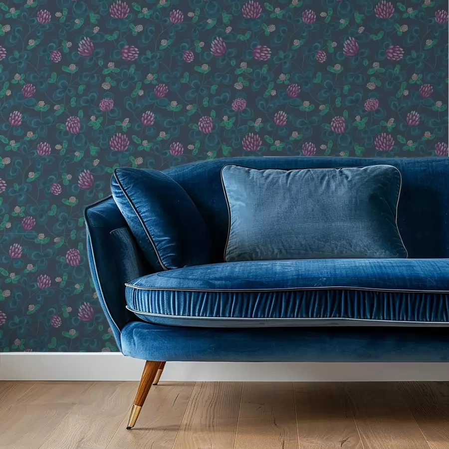 Papier peint Trèfle à fleurs violettes sur fond bleu foncé a00836