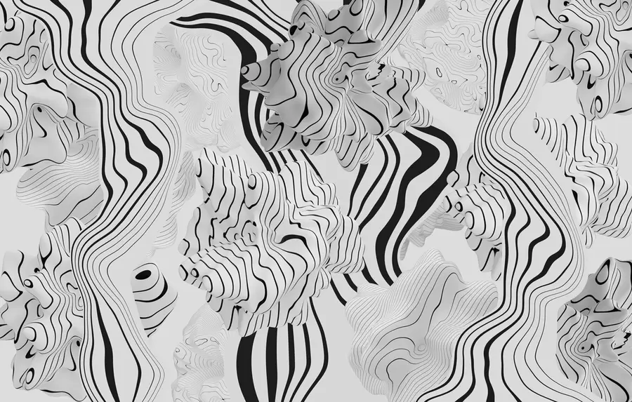 Papier peint formes organiques abstraites en 3D dans des tons blancs et gris avec des rayures noires w04627