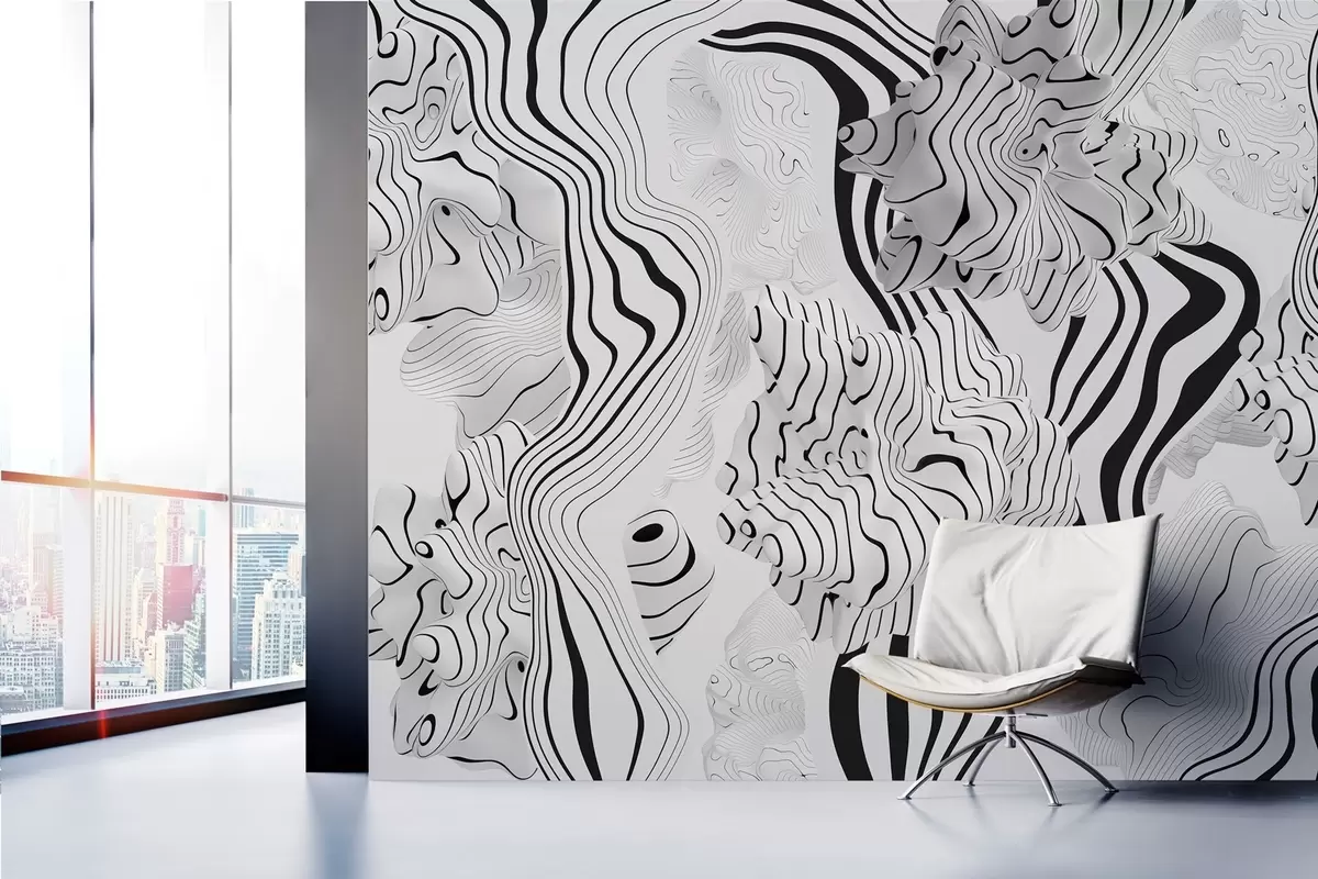 Papier peint formes organiques abstraites en 3D dans des tons blancs et gris avec des rayures noires w04627