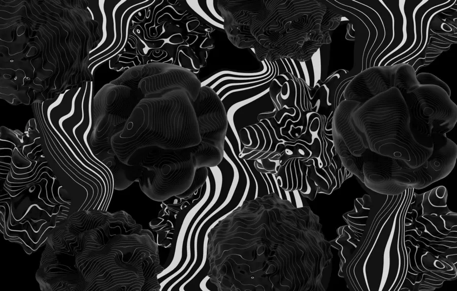 Papier peint formes organiques abstraites en 3D dans des tons noirs avec des rayures blanches w04628
