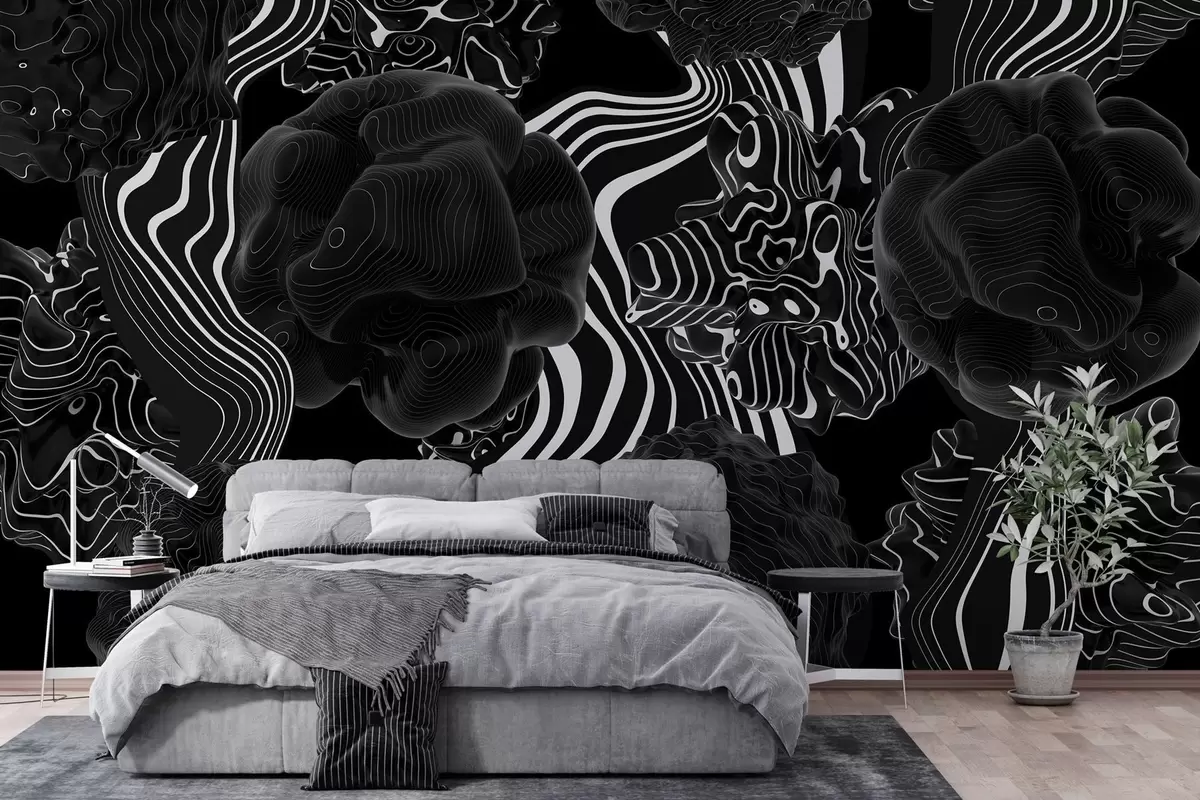 Papier peint formes organiques abstraites en 3D dans des tons noirs avec des rayures blanches w04628