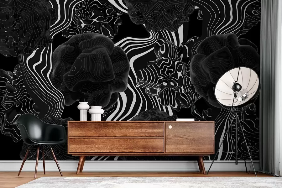Papier peint formes organiques abstraites en 3D dans des tons noirs avec des rayures blanches w04628