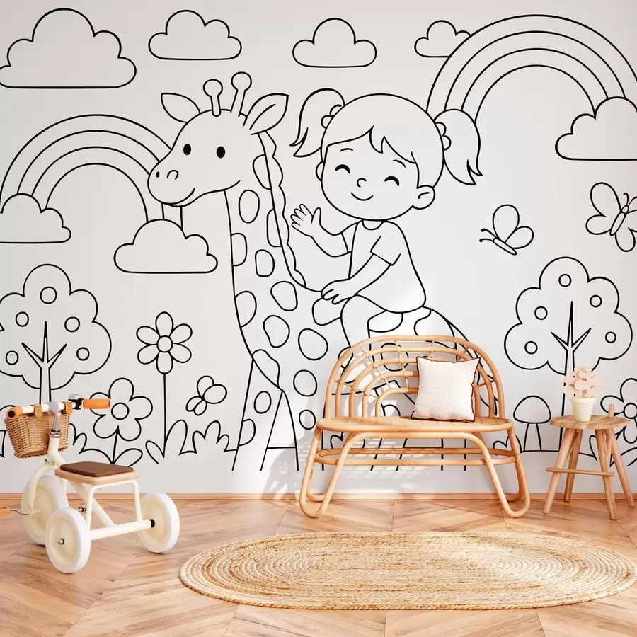 Papier peint dessin en noir et blanc d'une fille sur une girafe dans le style d'un livre de coloriage pour enfants w04753