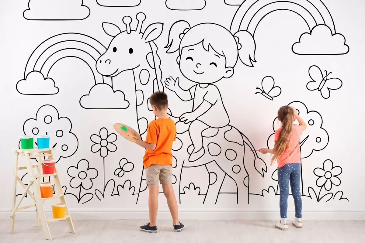 Papier peint dessin en noir et blanc d'une fille sur une girafe dans le style d'un livre de coloriage pour enfants w04753