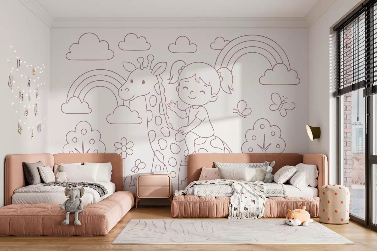 Papier peint peinture à la poudre représentant une fille sur une girafe, dans le style d'un livre de coloriage pour enfants w04753v1