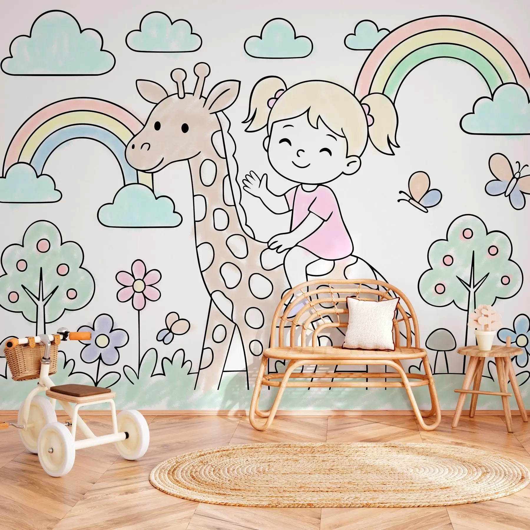 Papier peint fille sur une girafe dans le style d'un livre de coloriage pour enfants w04755