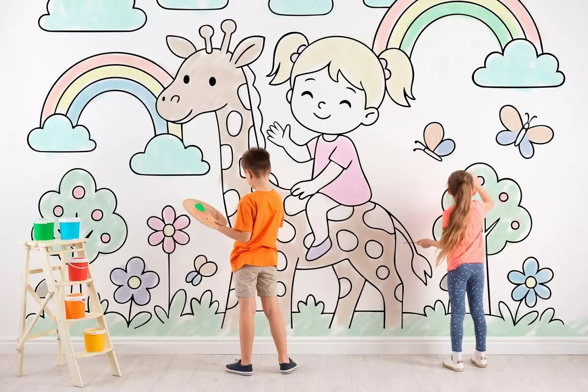 Papier peint fille sur une girafe dans le style d'un livre de coloriage pour enfants w04755