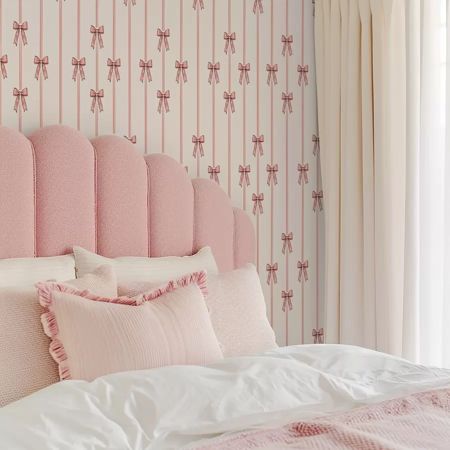 Papier peint Rubans verticaux avec nœuds, fond ivoire a00653