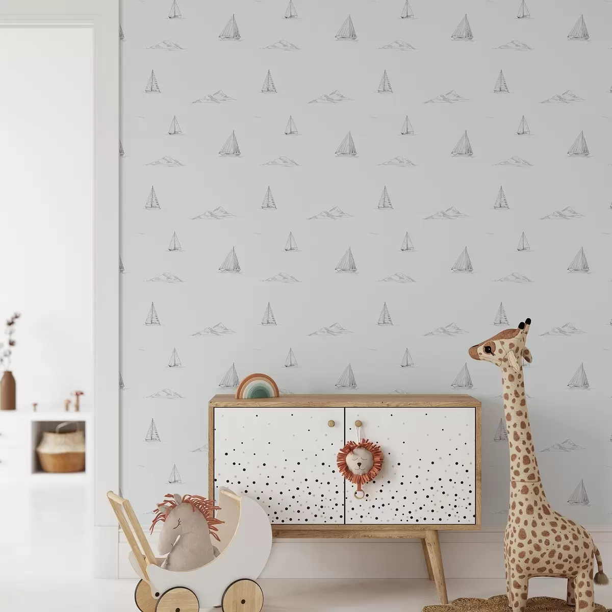 Papier peint Esquissez des yachts et des îles, sur fond bleu-gris frais a00654