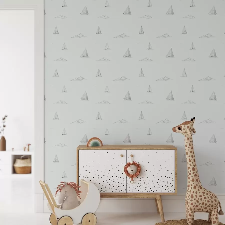 Papier peint Esquissez des yachts et des îles, sur fond bleu-gris frais a00654