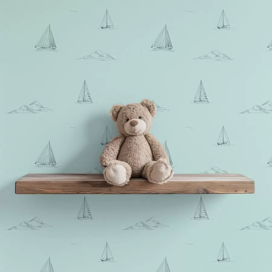 Papier peint Esquisse de yachts et d'îles, fond vert menthe a00654v4