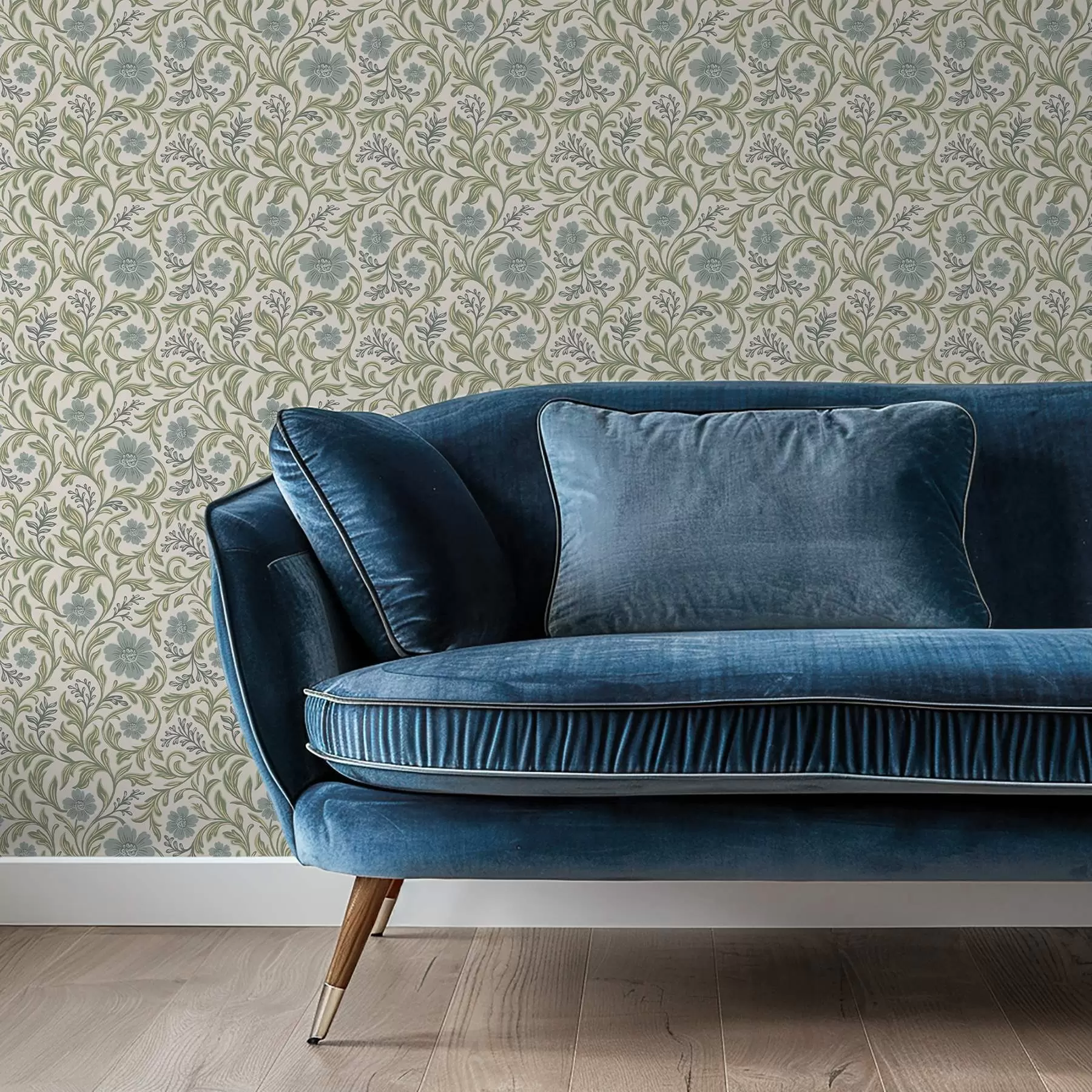 Papier peint Motif floral gris sauge sur fond clair a00712