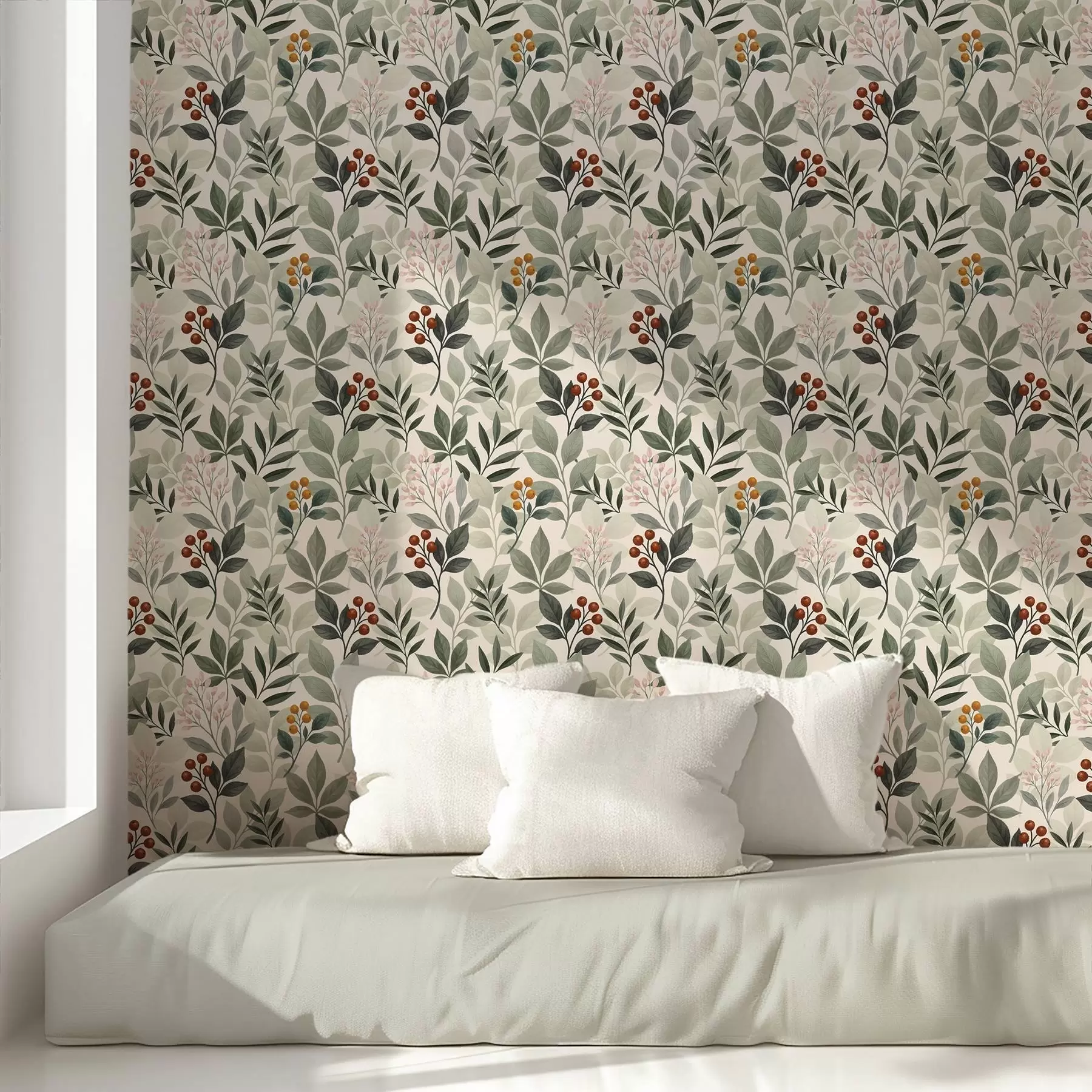 Papier peint Feuilles avec baies, fond clair a00713