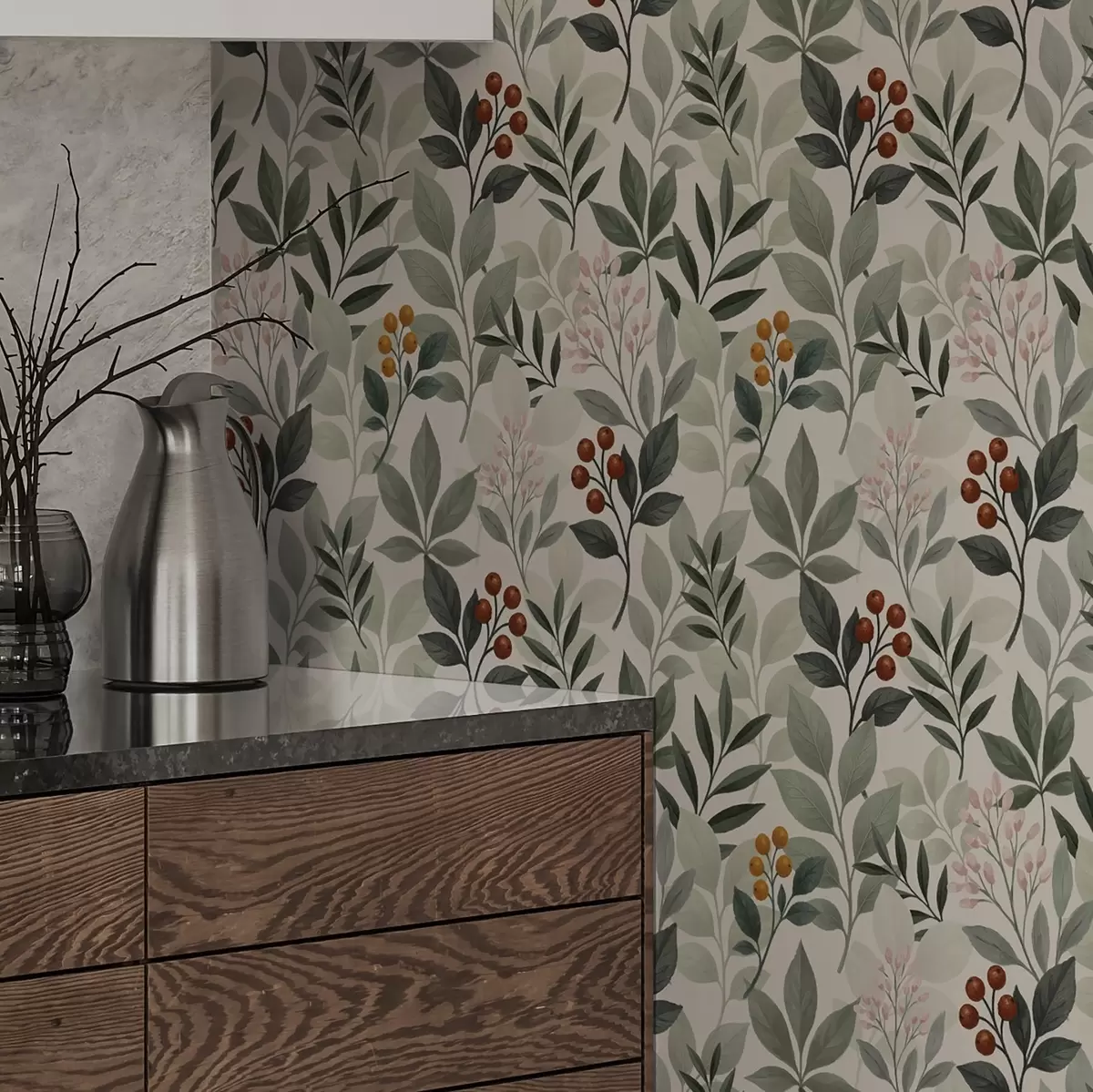 Papier peint Feuilles avec baies, fond clair a00713