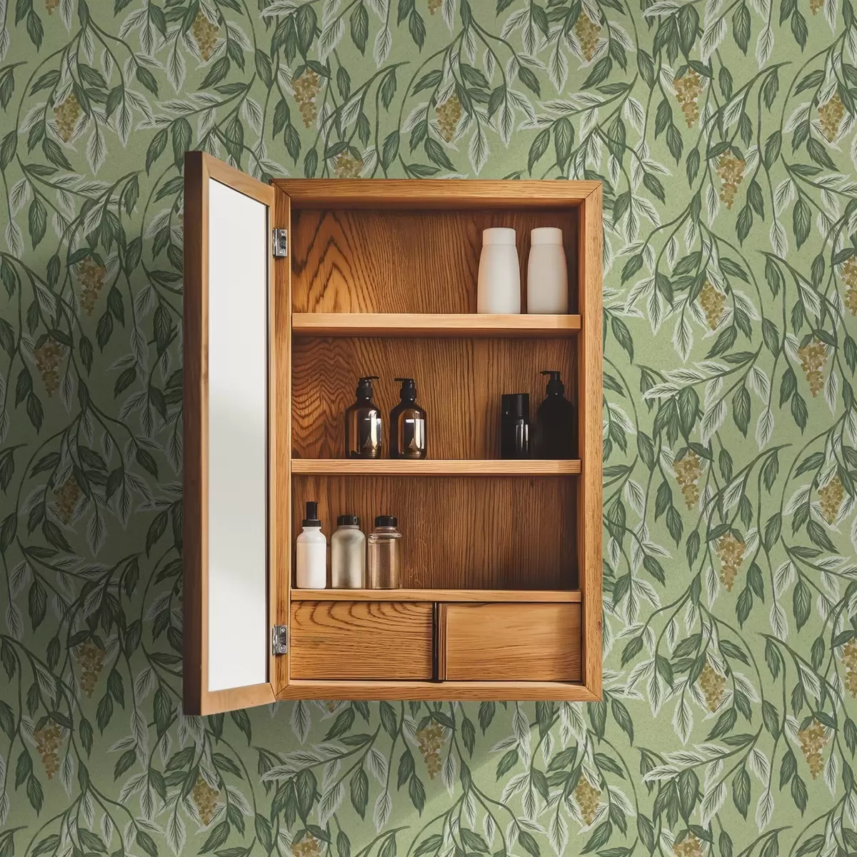 Papier peint Branches avec grappes de baies sur fond vert a00734